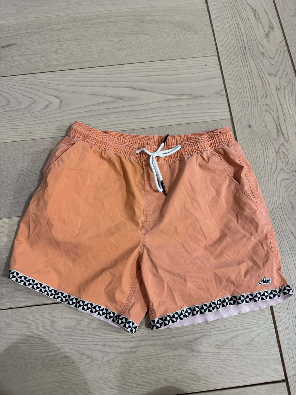 Lost Surfboards Men's Orange Elastic Waist Volley Swim Shorts Geometric Hem